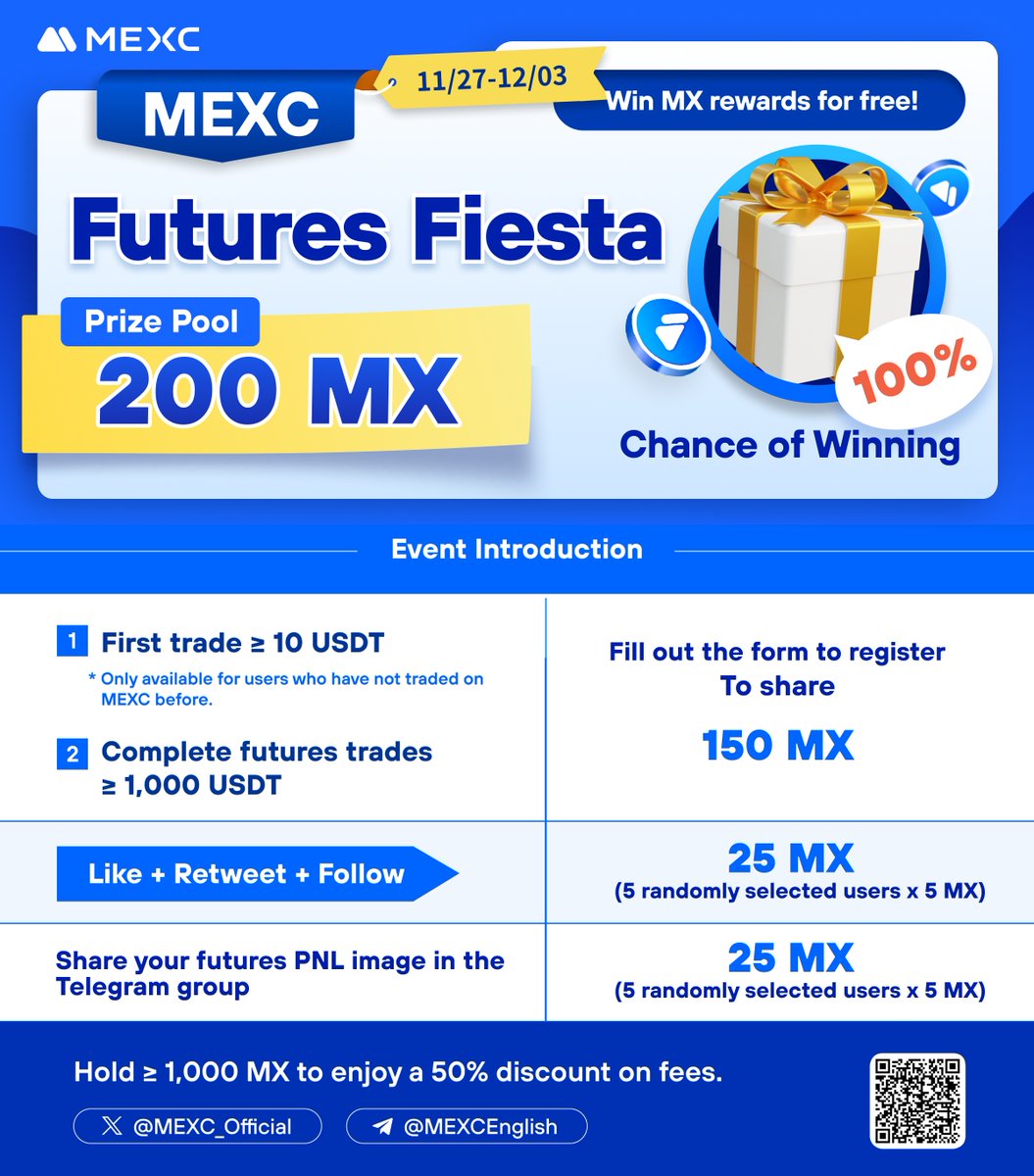 🎁The #MEXCFutures Fiesta is here - 200 $MX to share!

Event 1⃣: 150 $MX Prize Pool
100% winning chance by completing one of these missions:
🔹Make your first trade of ≥$10 (New users only) 
🔹Trade ≥$1000

Event 2⃣: 50 $MX Prize Pool
🔹Like, QT, tag 3 frds &amp; <a href="/MEXC_Official/">MEXC</a> on