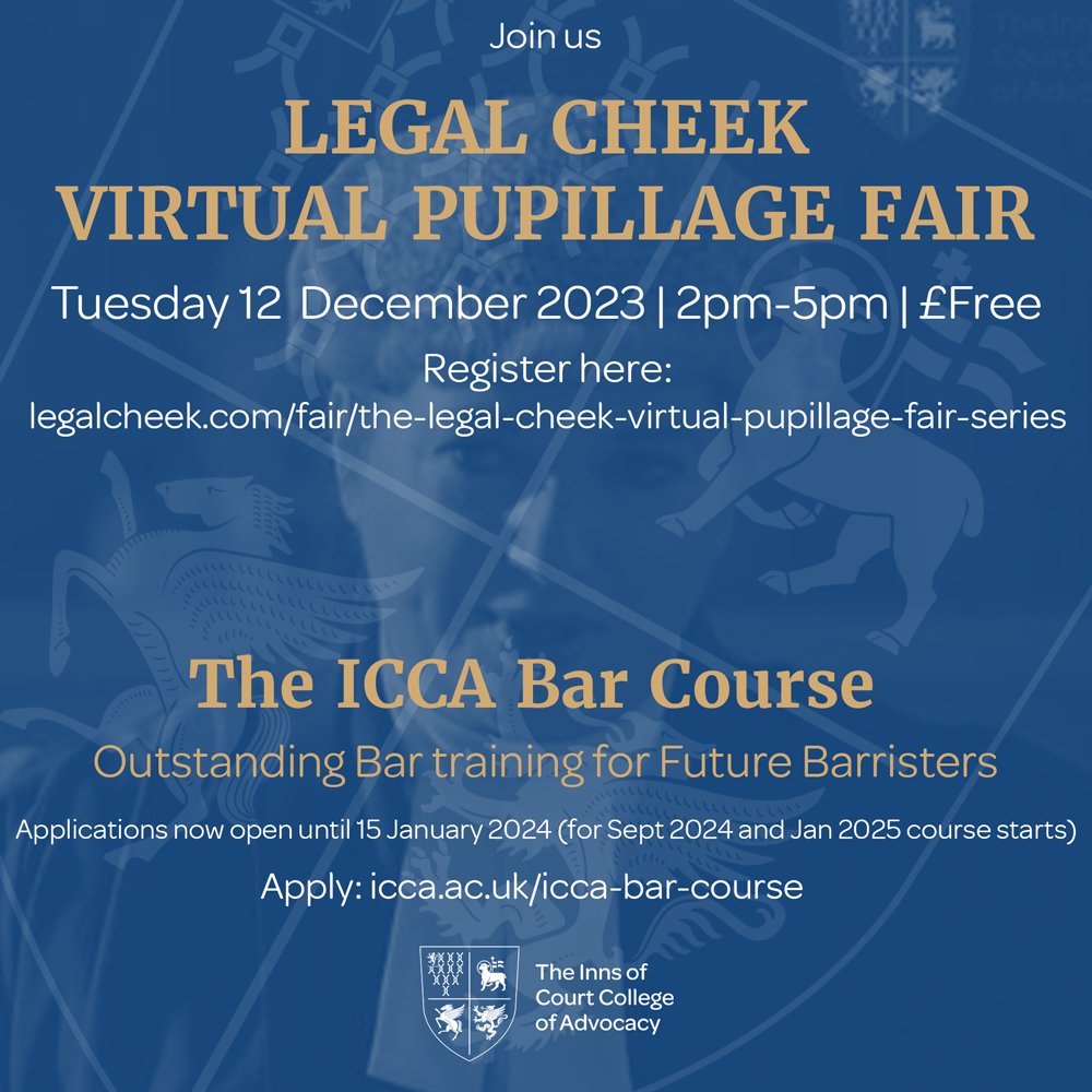 If you are planning to train to become a #barrister, we would love to meet you on Tuesday 12th December 2023 at the Legal Cheek virtual #pupillage fair. Register here: ow.ly/HnRX50Qbu22 #ForFutureBarristers #students #lawstudents #pupillage