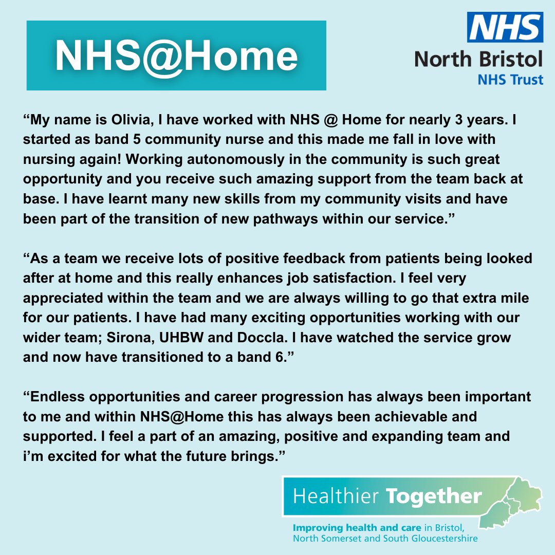 North Bristol NHS Trust Careers (@nbtcareers) on Twitter photo 📢Are you a Registered Nurse looking for a new opportunity?
🌟We have opportunities for Band 5 & Band 6 Registered nurses for <a href="/NHSatHome/">NHS@Home - BNSSG virtual ward service</a> . Join our team and help to deliver compassionate care within the community
✏️ Find out more info & apply today! ow.ly/Va1s50QaIRq 📢Are you a Registered Nurse looking for a new opportunity?
🌟We have opportunities for Band 5 & Band 6 Registered nurses for <a href="/NHSatHome/">NHS@Home - BNSSG virtual ward service</a> . Join our team and help to deliver compassionate care within the community
✏️ Find out more info & apply today! ow.ly/Va1s50QaIRq