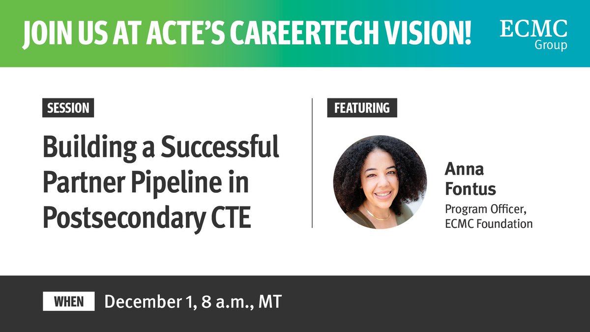This week, @ecmcgroup and ECMC Foundation staff will be in Phoenix, AZ for @actecareertech's Vision Conference. @AnnaFontus will participate in a panel titled 'Building a Successful Partner Pipeline in Postsecondary CTE' at 8 a.m. MT on Friday. We hope to see you there!