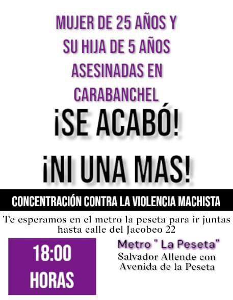 NI UNA MENOS

Llenas de rabia nos concentramos hoy en #Carabanchel contra un sistema que permite que sigan los feminicidios.

Una mujer de 25 años y su hija de 5 asesinadas por su expareja, al que había denunciado por violencia machista y había quedado absuelto. <a href="/FeminismosMad/">Feminismos Madrid</a>
