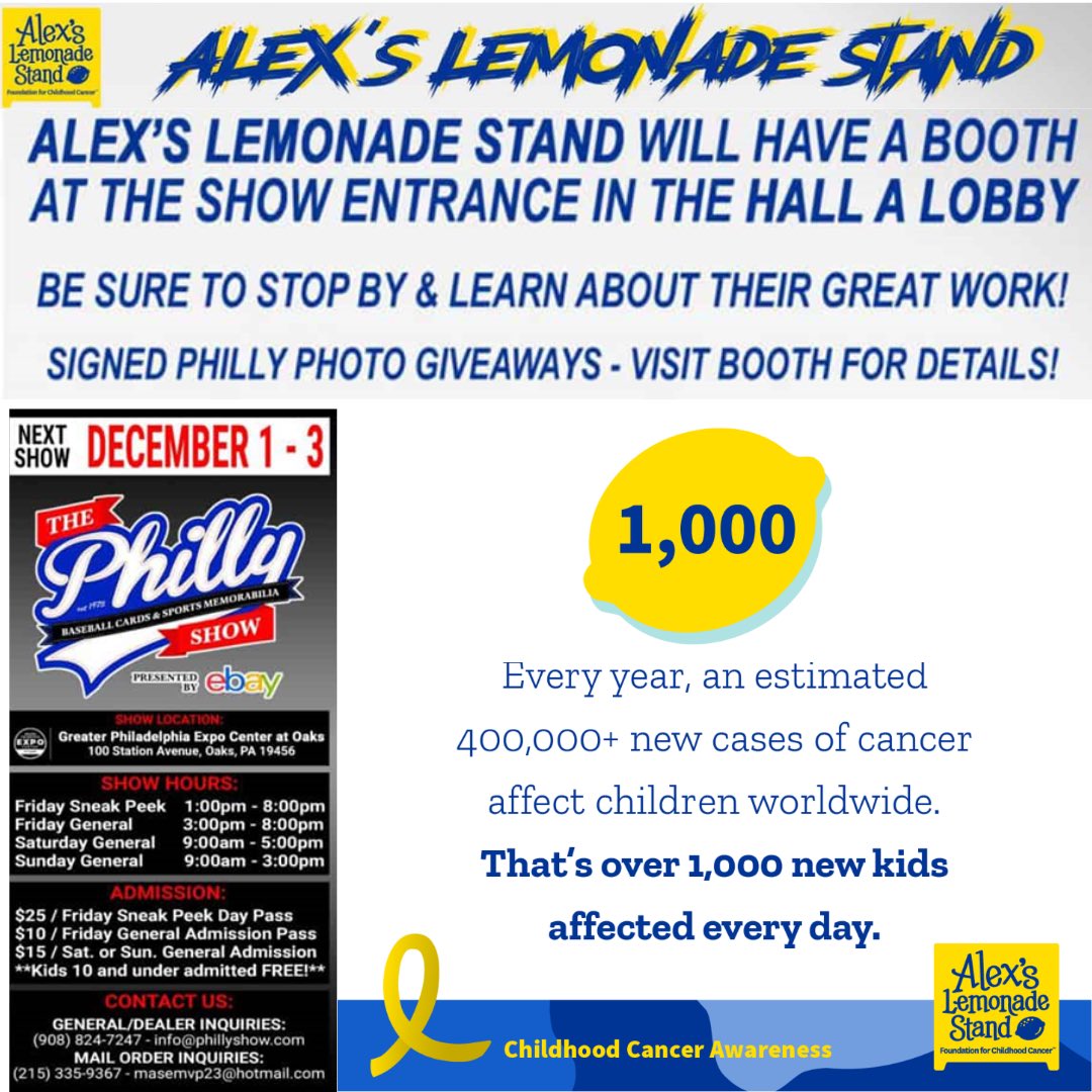 Philly_Show's tweet photo. @AlexsLemonade
will be at the Philly Show! Stop by their booth at the show entrance - Hall A Lobby & learn about their great work!
Signed Philly Photo Giveaways – Visit booth for details!
Learn more https://t.co/u5dfd6czCU.
#AlexsLemonade #alexslemonadestand #phillyshow https://t.co/4iVtqLlonb