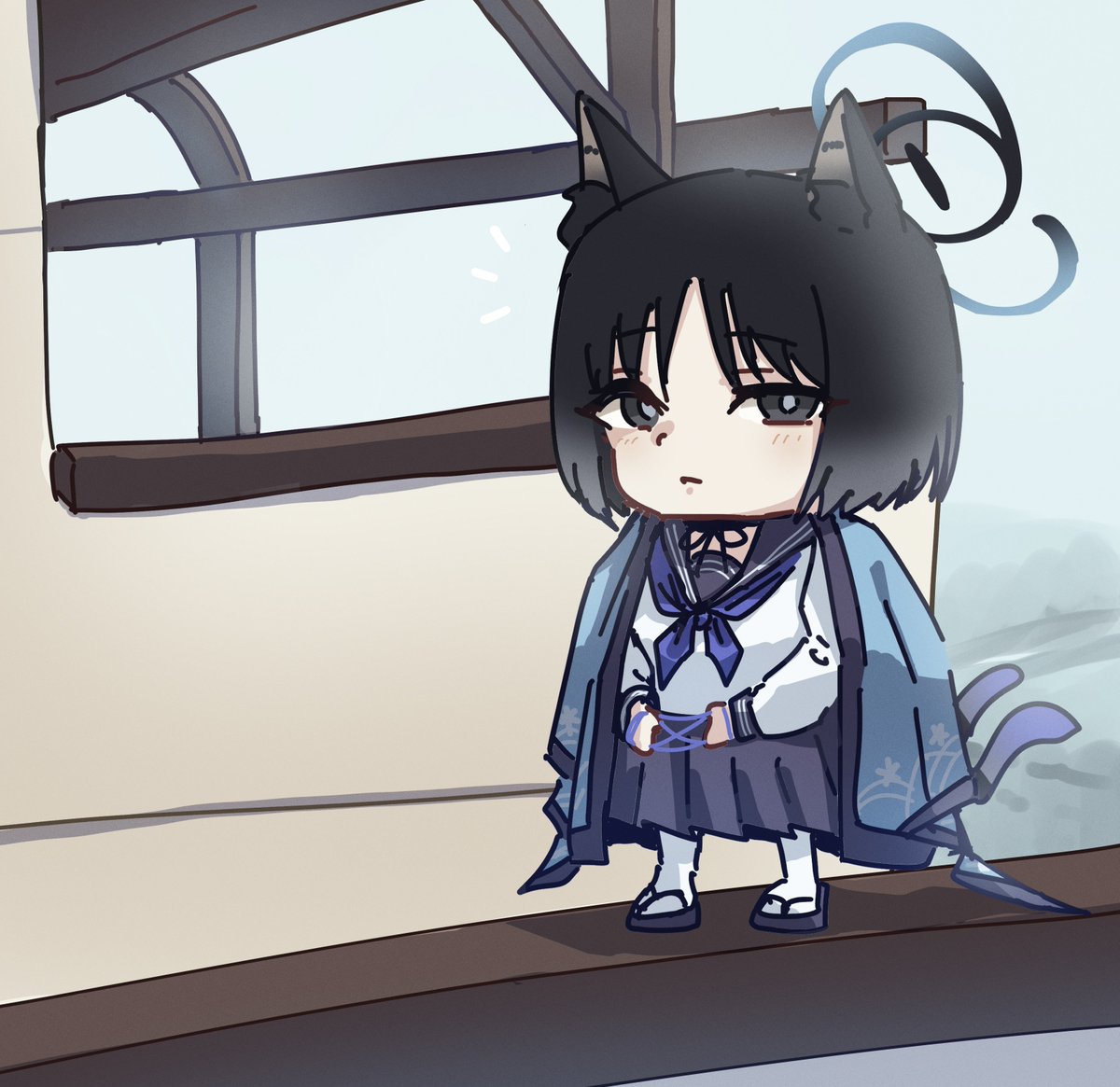 kikyou (blue archive) 1girl solo black hair halo chibi animal ears tail  illustration images