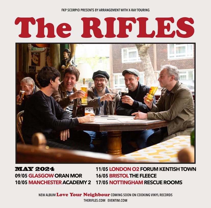 DeanoRifles777's tweet image. THE RIFLES UK TOUR 2024! 
We’re buzzing to announce we’ll be heading out on the road in May to celebrate the release of our new album Love Your Neighbour. 
Pre-order our new record on any format from our official store to receive early access to tickets: TheRifles.lnk.to/loveyourneighb…