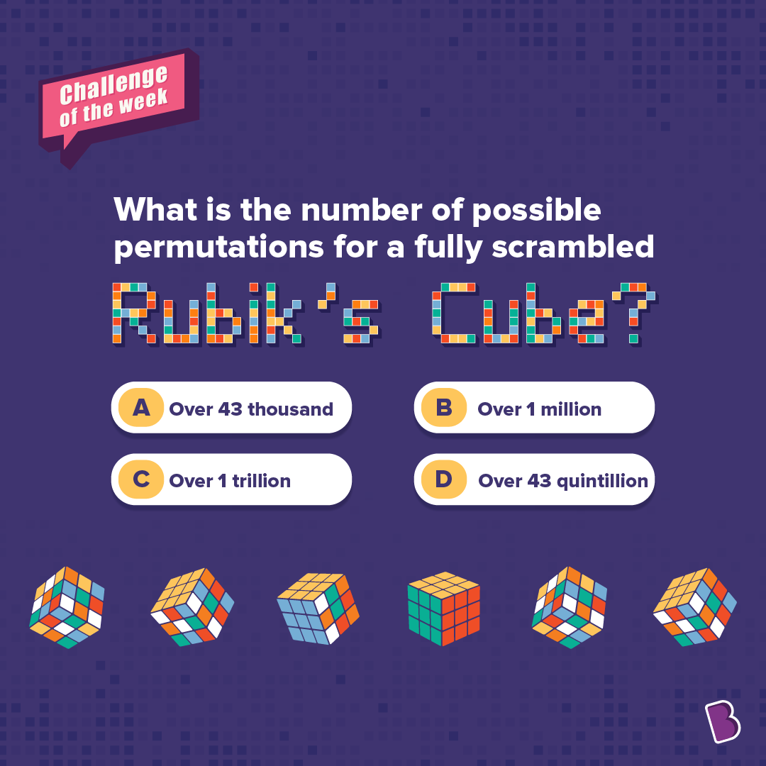 BYJUS's tweet photo. Did you know the 3:3 Rubik's Cube has more permutations than stars in the Milky Way? 🌌 Test your puzzle-solving skills! 🧩
#ChallengeOfTheWeek #byjus #byjusthelearningapp #enhanceyourpotential #curiosity #quiz #quiztime #Rubikcube #milkyway https://t.co/3hGZ0J5Flo