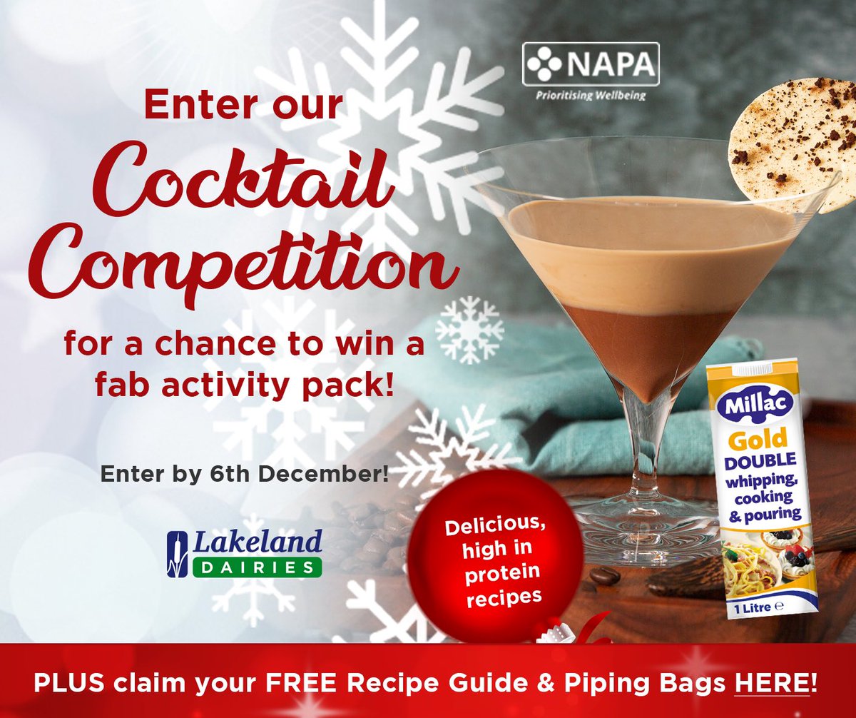 #WIN Back by popular demand, our Create Your Own Cocktail Competition for care homes is open! Millac piping bags and a great prize up for grabs. Enter now! bit.ly/47sUex8 T&C apply @NACCCaterCare @NAPAlivinglife #CareHomes #FestiveTipples #CocktailCompetition
