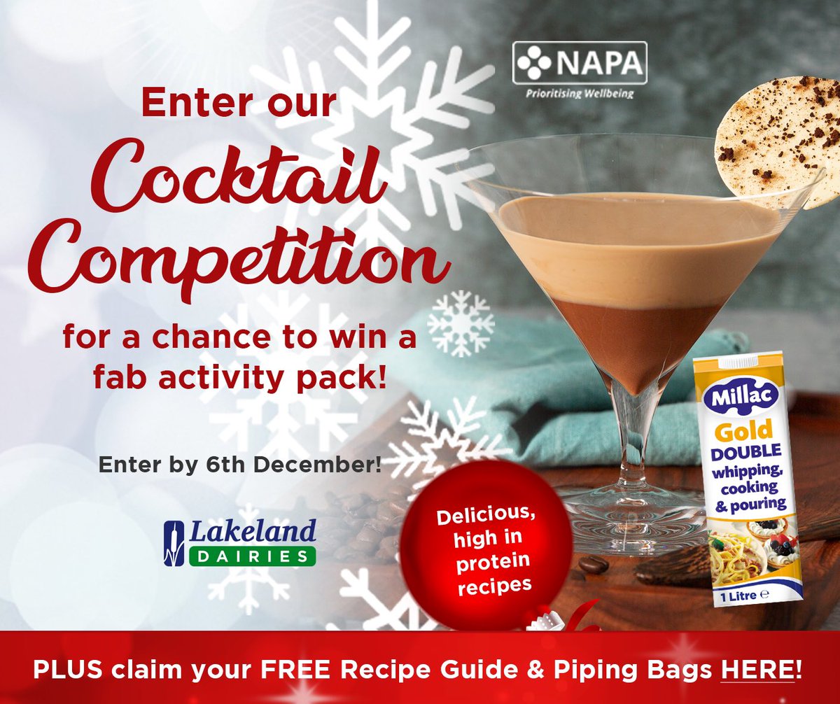 #WIN Back by popular demand, our Create Your Own Cocktail Competition for care homes is open! Millac piping bags and a great prize up for grabs. Enter now!  bit.ly/47sUex8

 T&amp;C apply 

<a href="/NACCCaterCare/">The NACC</a> @NAPAlivinglife  

#CareHomes  #FestiveTipples #CocktailCompetition