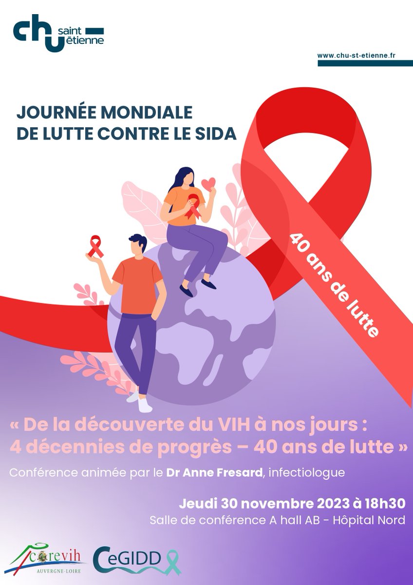 ChuSaintEtienne's tweet photo. [VIH 🎗]
Dans le cadre de la Journée mondiale de lutte contre le SIDA &amp; des 40 ans de la découverte du VIH, le CHU de Saint-Etienne vous propose une conférence animée par le Dr Anne Fresard.
📅jeudi 30 novembre – 18h30
📍Salle de conférence A, Hall AB Hopital Nord https://t.co/dV3f737Ufa