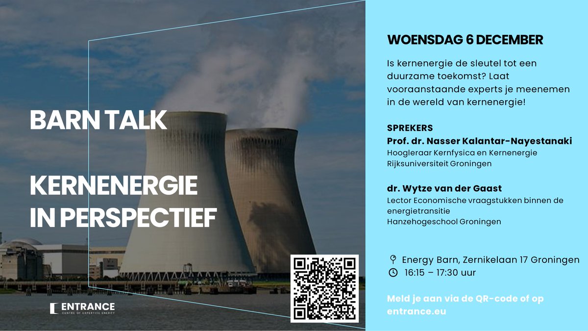 Heb jij je al aangemeld voor de Barn Talk op 6 december? 
Is #kernenergie de onvermijdelijke hoeksteen voor onze #duurzametoekomst? Dit vraagstuk staat centraal in de komende Barn Talk, waarin we de complexiteit van kernenergie ontrafelen. Meld je aan: tinyurl.com/barntalk