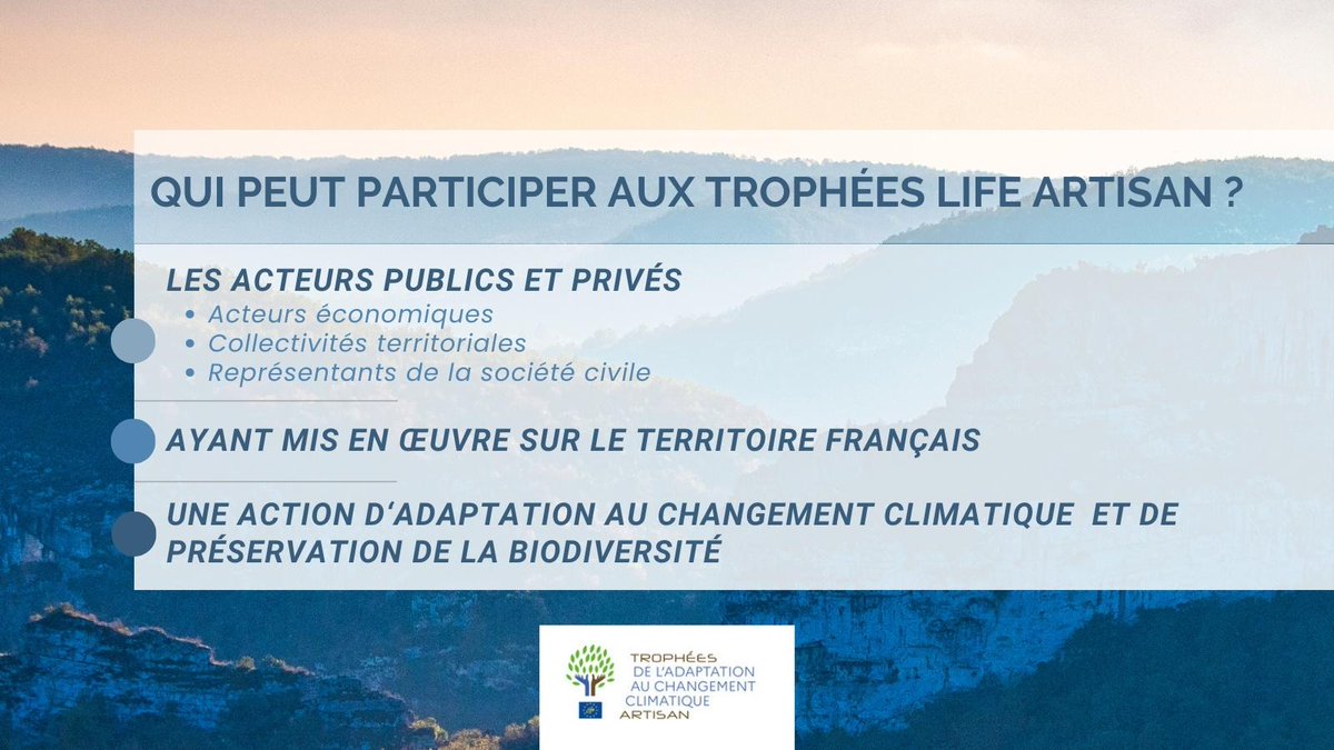 Vous menez un projet d'adaptation au changement climatique ? Envoyez votre candidature pour la 2e édition des Trophées  : 👉 bit.ly/TropheesARTISAN

📌 Un événement <a href="/ademe/">ADEME</a> en partenariat avec l' <a href="/OFBiodiversite/">Office français de la biodiversité</a> <a href="/Ecologie_Gouv/">Min. Ecologie Territoire Transports Ville Logement</a> <a href="/Solagro_asso/">Solagro</a>