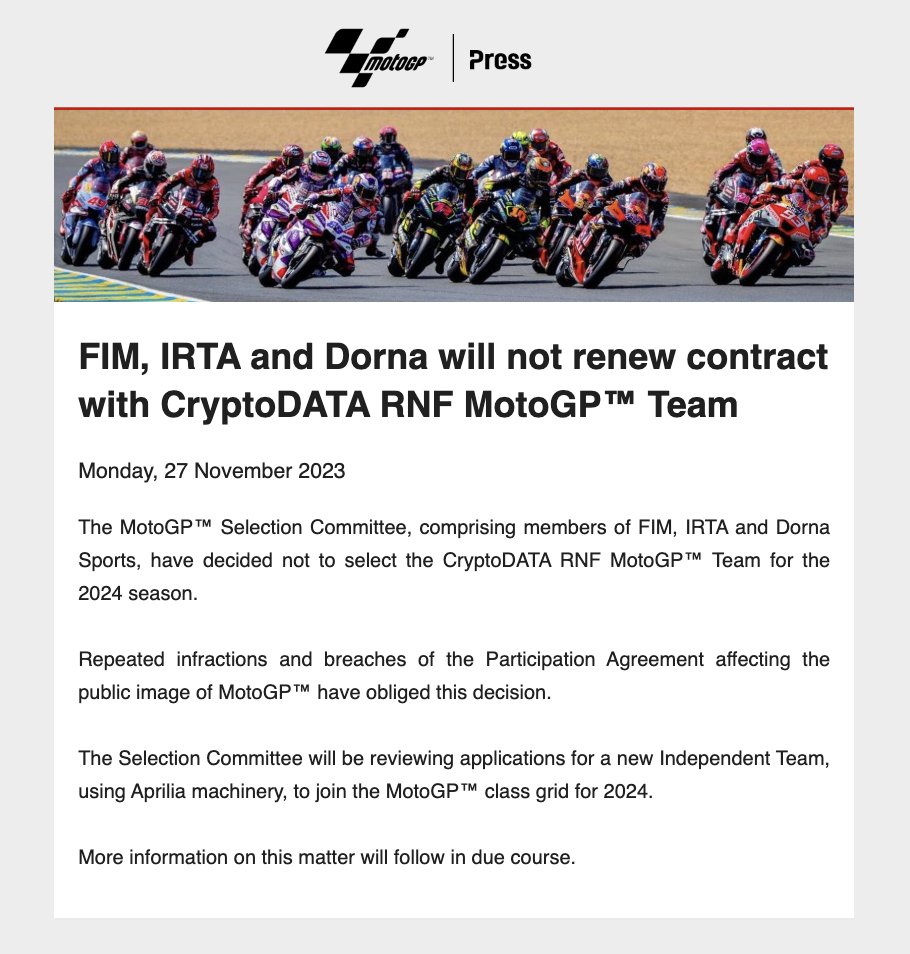 WOW 🚨 The MotoGP Selection Committee, comprising members of FIM, IRTA and  Dorna Sports, have decided not to select the CryptoDATA RNF MotoGP Team for  the 2024 season.
