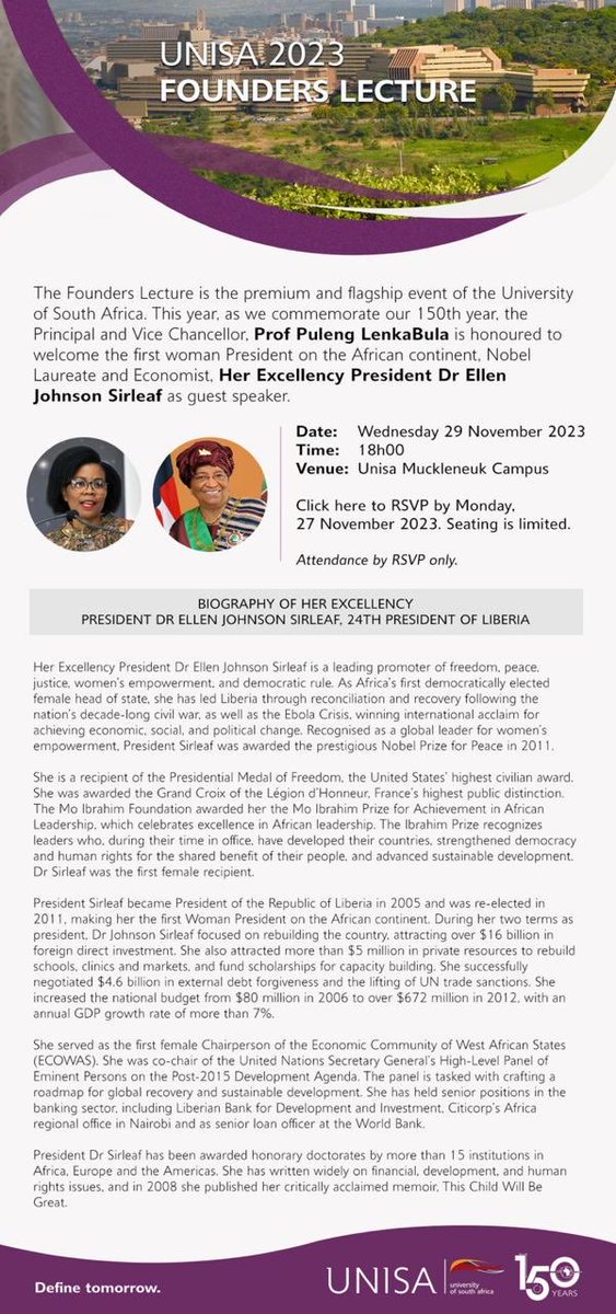 LenkaBula's tweet photo. KHOTSONG 🙌🏾📚💻on behalf of ⁦@unisa⁩ epistemic communities, I’m honoured to host THE FOUNDERS LECTURE a premium Unisa Calendar event on 29/11/2023 The 1st Woman President in AFRICA, 24th Liberian President &amp;an Economist H.E Dr Ellen Johnson Sirleaf  will deliver the KEYNOTE https://t.co/gkyxXeUVyO