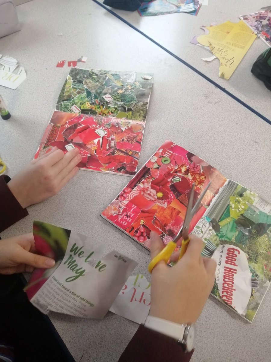 SGSArtDesign's tweet photo. #SGSYear8 bringing a bit of colour to a rainy day☔ this morning. Exploring colour theory through the technique of collage✂️. #Creativity #SGSArtSep https://t.co/8TOQIwYEZU