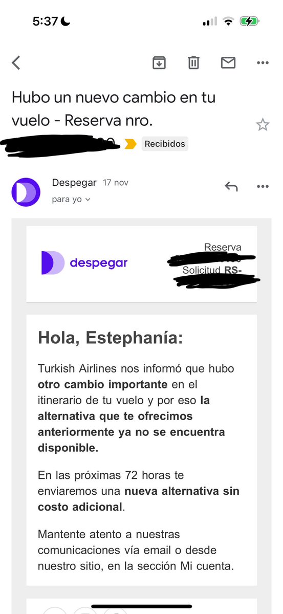e__navarro's tweet photo. @DespegarMx Hola, no me han dado respuesta a mi reservación que aparece como “afectada” desde el 1ro de nov. Mi viaje ya está próximo, me dicen que tenga paciencia pero no tengo certeza del vuelo de regreso a casa que compré con ustedes. Necesito una solución https://t.co/2WEN4koR4c