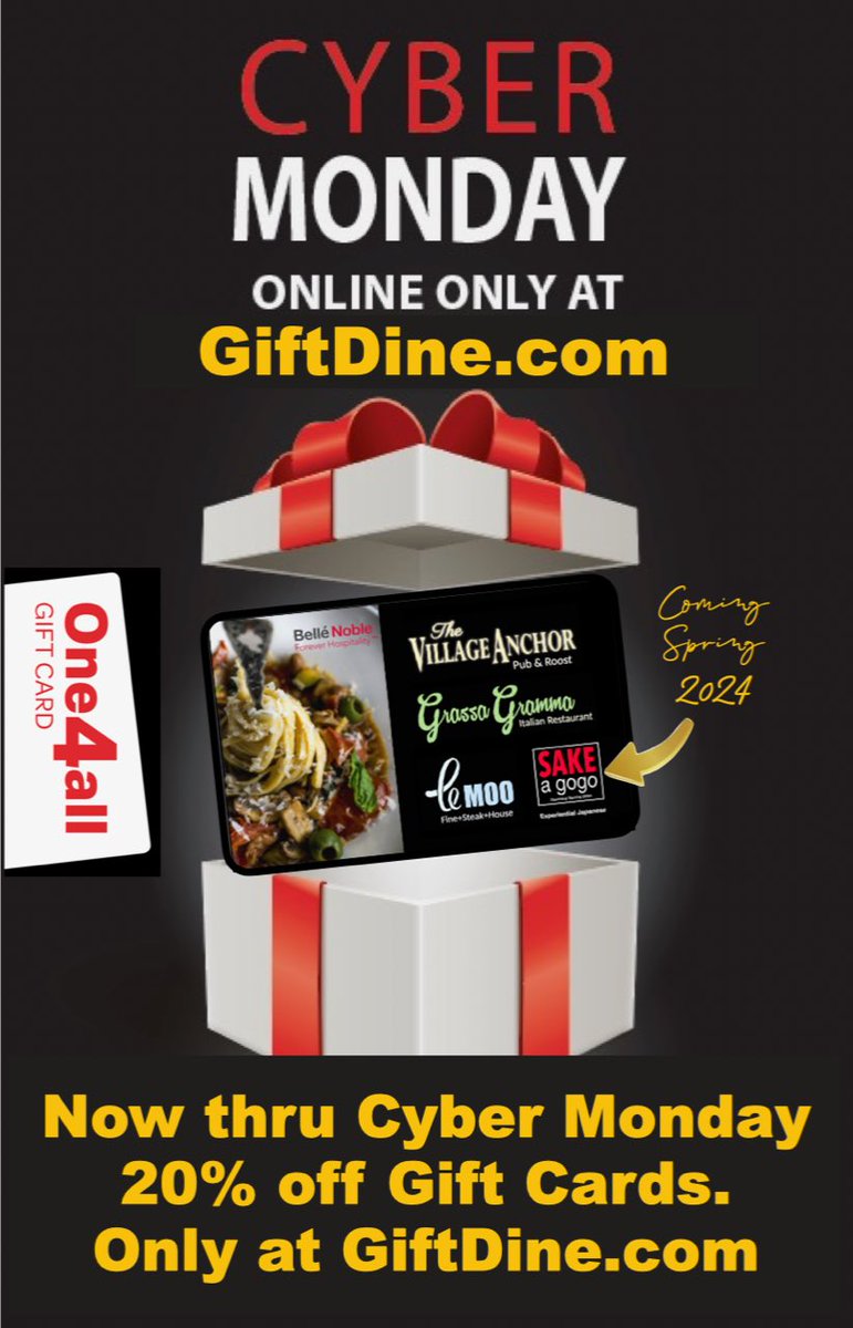 Four reasons to give Belle Noble’s 4-in-1 Holiday Gift Cards this season: The Village Anchor, Le Moo, Grassa Gramma, and the soon-to-be-open Sake a Go Go Sushi experience in NuLu!  Let them choose and enjoy 20% off now thru Cyber Monday; ON-LINE only at GiftDine.com!