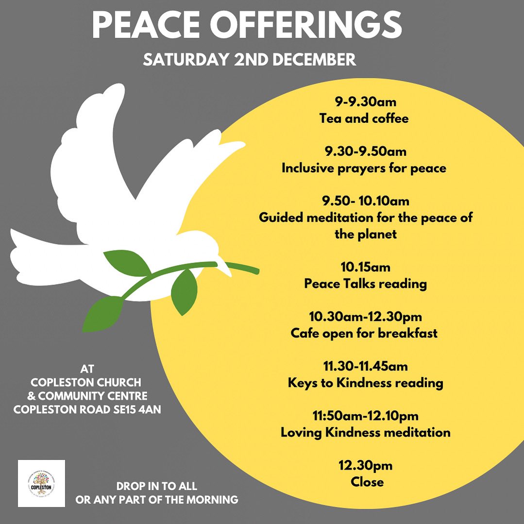 Join us for #PeaceOfferings on Saturday 2nd December from 9am-12.30pm, an event to bring communities together for #peace No need to book. You can come along to all or any part of the morning.