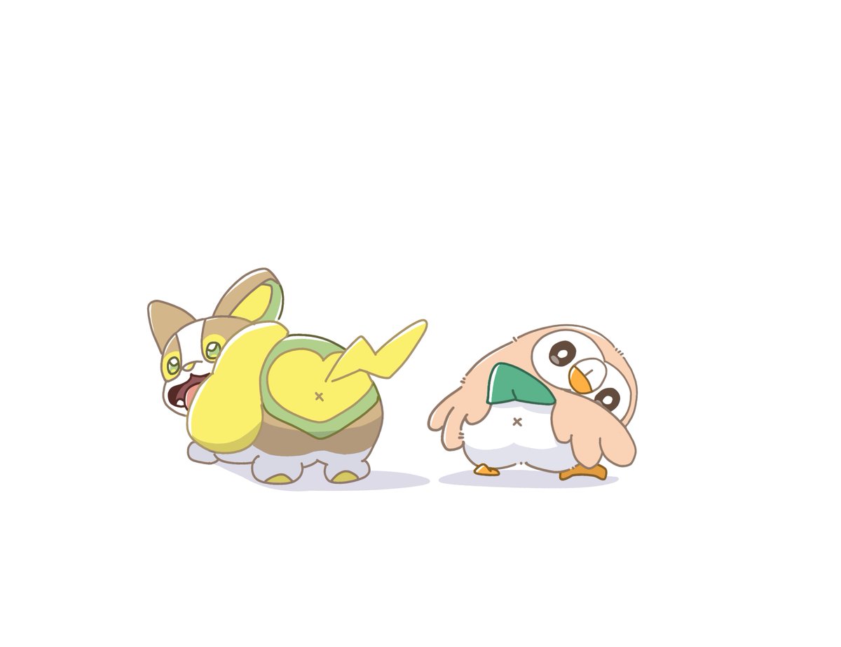 rowlet ,yamper pokemon (creature) no humans tongue open mouth white background white pupils bright pupils  illustration images