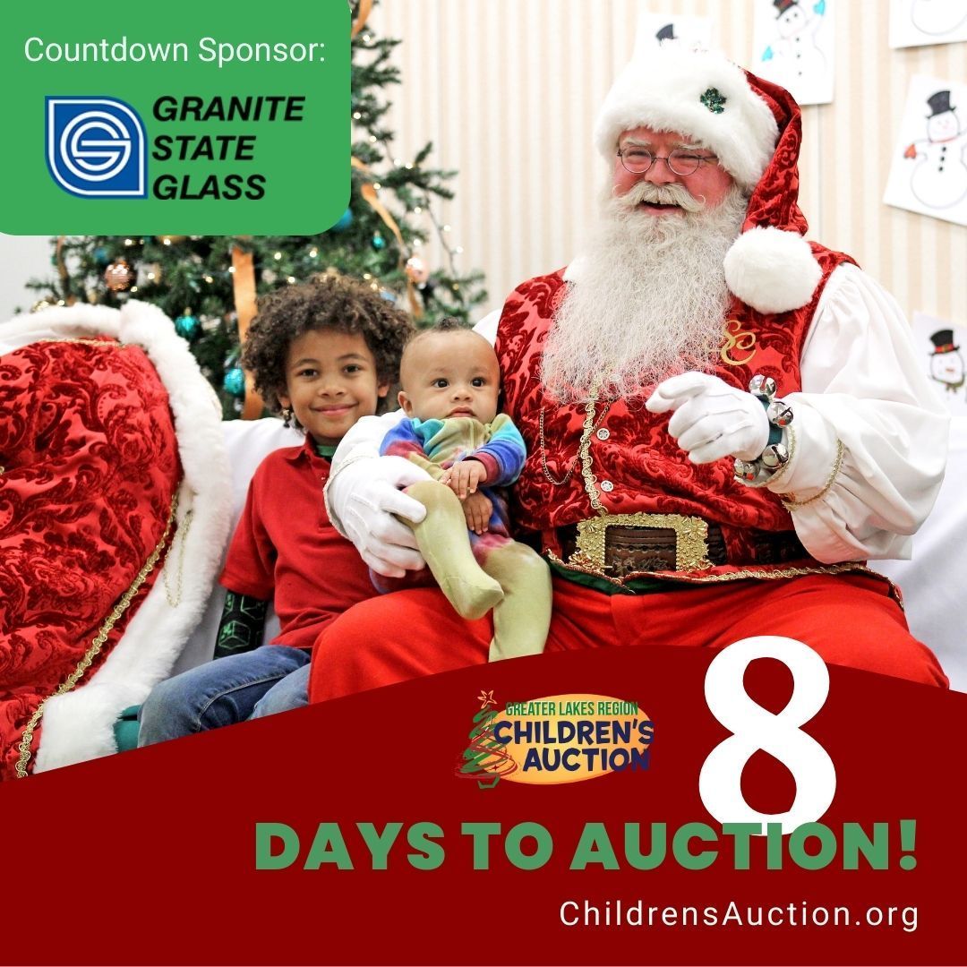glrcauction603's tweet photo. Countdown: 8 days until the Greater Lakes Region Children's Auction!

Dec. 5-8. Go to https://t.co/3FV8Y7kskw for more information. 

Countdown Sponsor: Granite State Glass 

#ChildrensAuction #NewHampshire #LakesRegionNH #countdown #ChildrensAuctionChampion #ItsForTheKids https://t.co/nogrybNLf1
