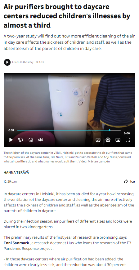 VirpiFlyg's tweet photo. A new study in Helsinki daycares, Finland: air purifiers led to a 30% reduction in children's illnesses. 

Healthier children = healthier staff and parents = big savings.

Bonus: the sound of the air purifier made it easier to get the kids to nap.

https://t.co/kI5VMyDhb9 https://t.co/d9LtBONdf6