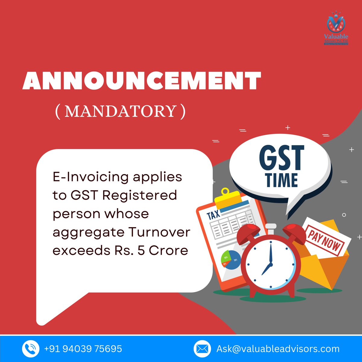 Valuable1908's tweet photo. Announcement Mandatory to Businesses📢📌
E-Invoicing applies to GST Registered Person whose aggregate Turnover exceeds Rs. 5 Crore.
#gst #gstupdates #turnover #vapl #tax #turnoverexceeds5crore #PLTToken #NykaaPinkFridaySale #KantaraChapter1 https://t.co/TEfn0wKTN5