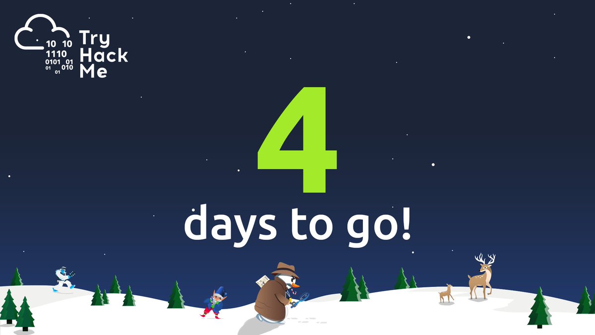 tryhackme's tweet photo. Four days to go! Are you ready for Advent of Cyber? 👀🎄🎁

Get started with cyber security for FREE with daily beginner-friendly challenges released throughout December!

https://t.co/63LmazMo7X https://t.co/Z3Cd9h2wfD