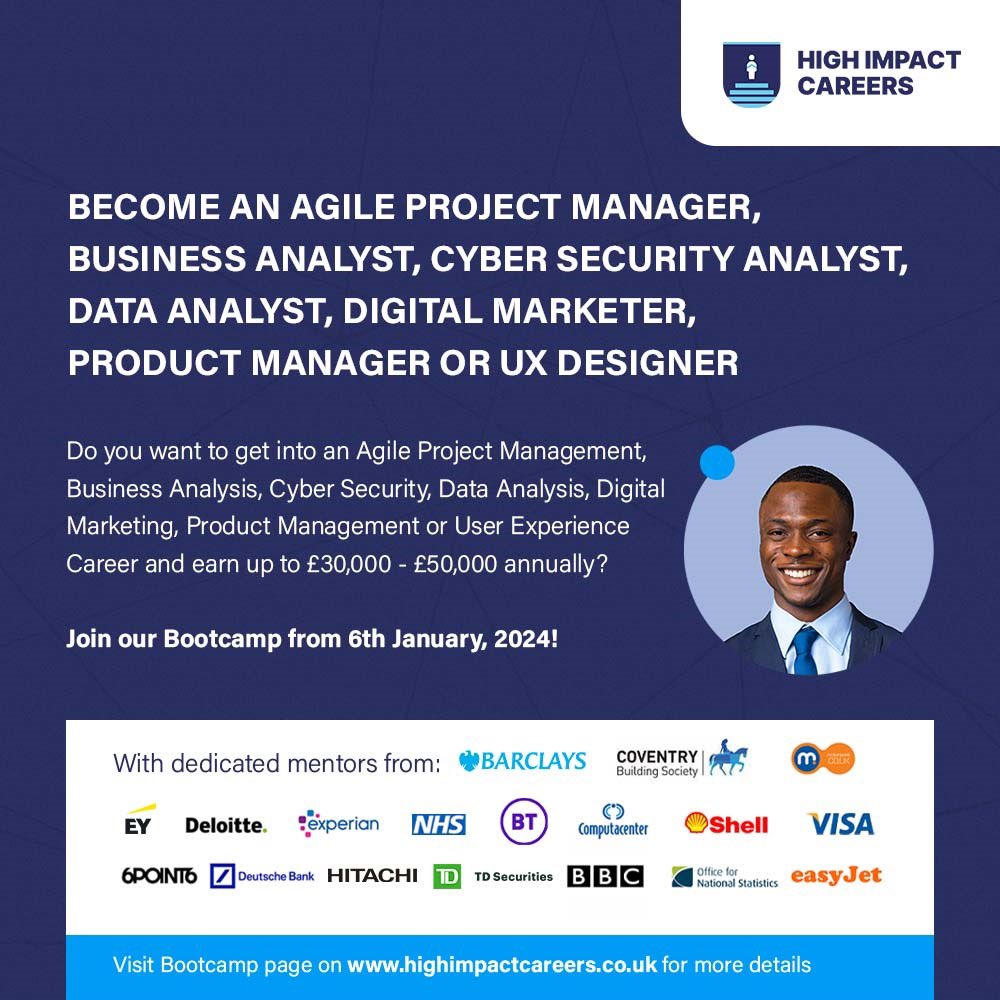 Enrolment for our January 2024 bootcamp is ongoing. If you want to get into  an Agile Project Management, Business Analysis, Cyber Security, Data  Analysis, Digital Marketing, Product Management, or UX Design career,