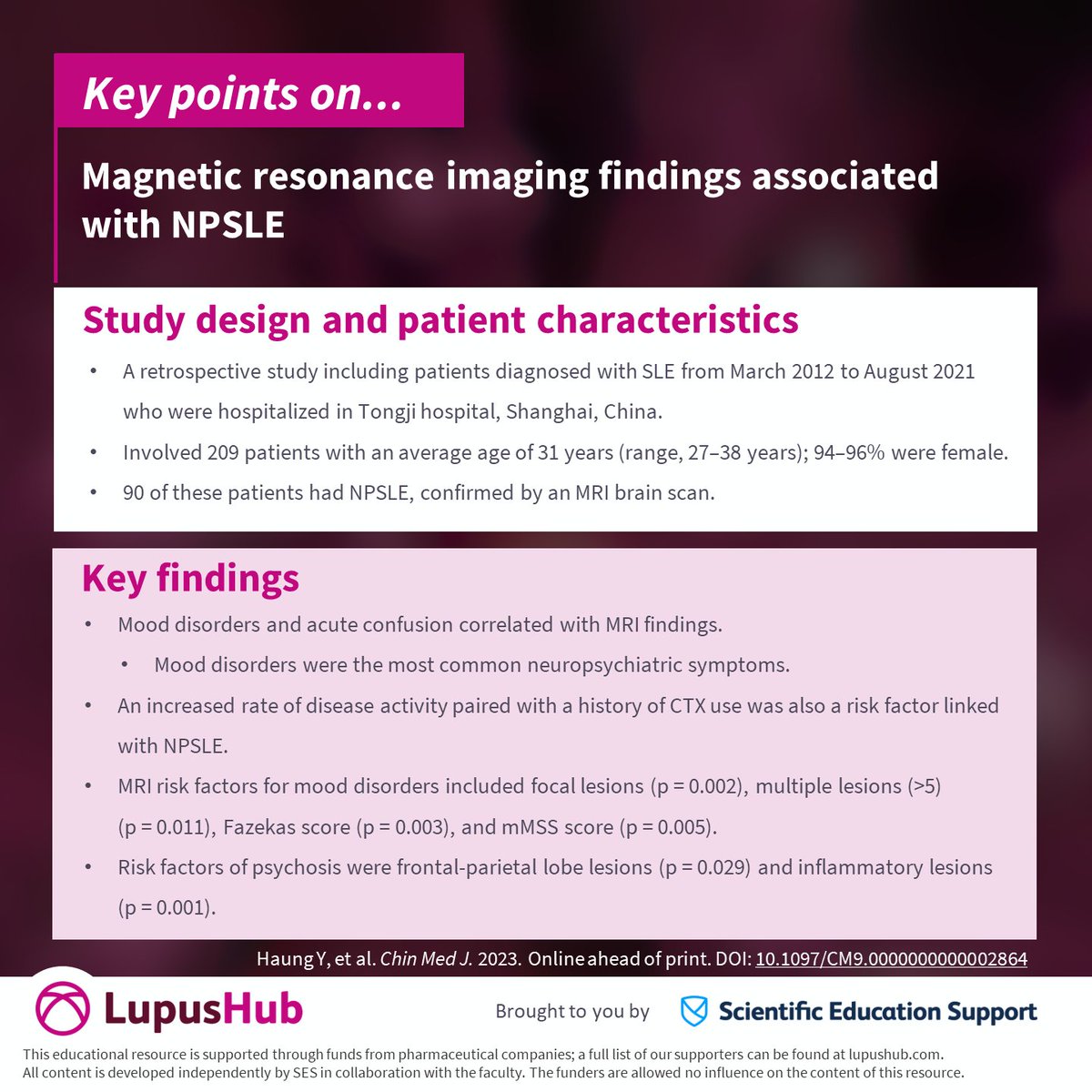 Check out our key points on the association between magnetic resonance imaging characteristics and neuropsychiatric manifestations in patients with neuropsychiatric systemic #lupus erythematosus (#NPSLE) below. 👇 loom.ly/Wd-NuiY. #MedicalEducation #SLE #RheumTwitter