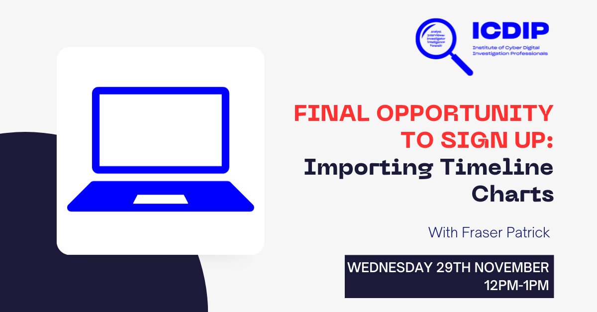 ICDIPHQ's tweet photo. 💡Do you want to learn more about combining data, importing timelines, and i2 Analyst’s Notebook? 

This is your final opportunity to sign up for our masterclass on Wednesday 29th of November.🗓️

ICDIP and CIISec members, register here: https://t.co/5hyrGa48cO 👈 https://t.co/4wWQJU8qtu