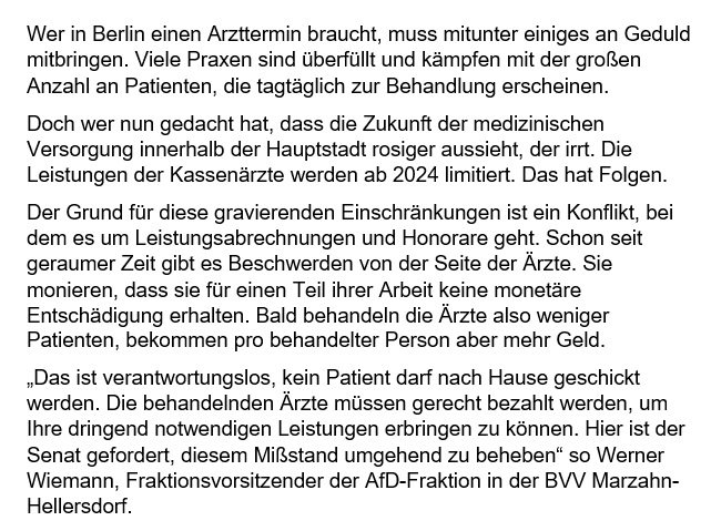 AfDFraktionMahe's tweet photo. Die Leistungen der Kassenärzte werden ab 2024 limitiert.
„Das ist verantwortungslos, kein Patient darf nach Hause geschickt werden..."
so Werner Wiemann, Fraktionsvorsitzender der AfD-Fraktion

#afdmahe #bvvmahe #bvv #marzahn #marzahnhellersdorf #afdfraktionmahe #afdberlin https://t.co/1Hxsd7Ijun