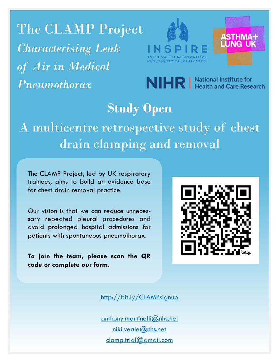 🫁 Are you involved in managing chest drains for pneumothorax? 

If so, we would love to involve you in the trainee-led UK-wide CLAMP study!  

Please complete this very brief form 
bit.ly/CLAMPsignup

Or email clamp.trial@gmail.com

<a href="/NIHRresearch/">National Institute for Health and Care Research</a> <a href="/aluk_research/">Asthma + Lung UK Research</a> <a href="/UKPleura/">UK Pleural Society</a>
