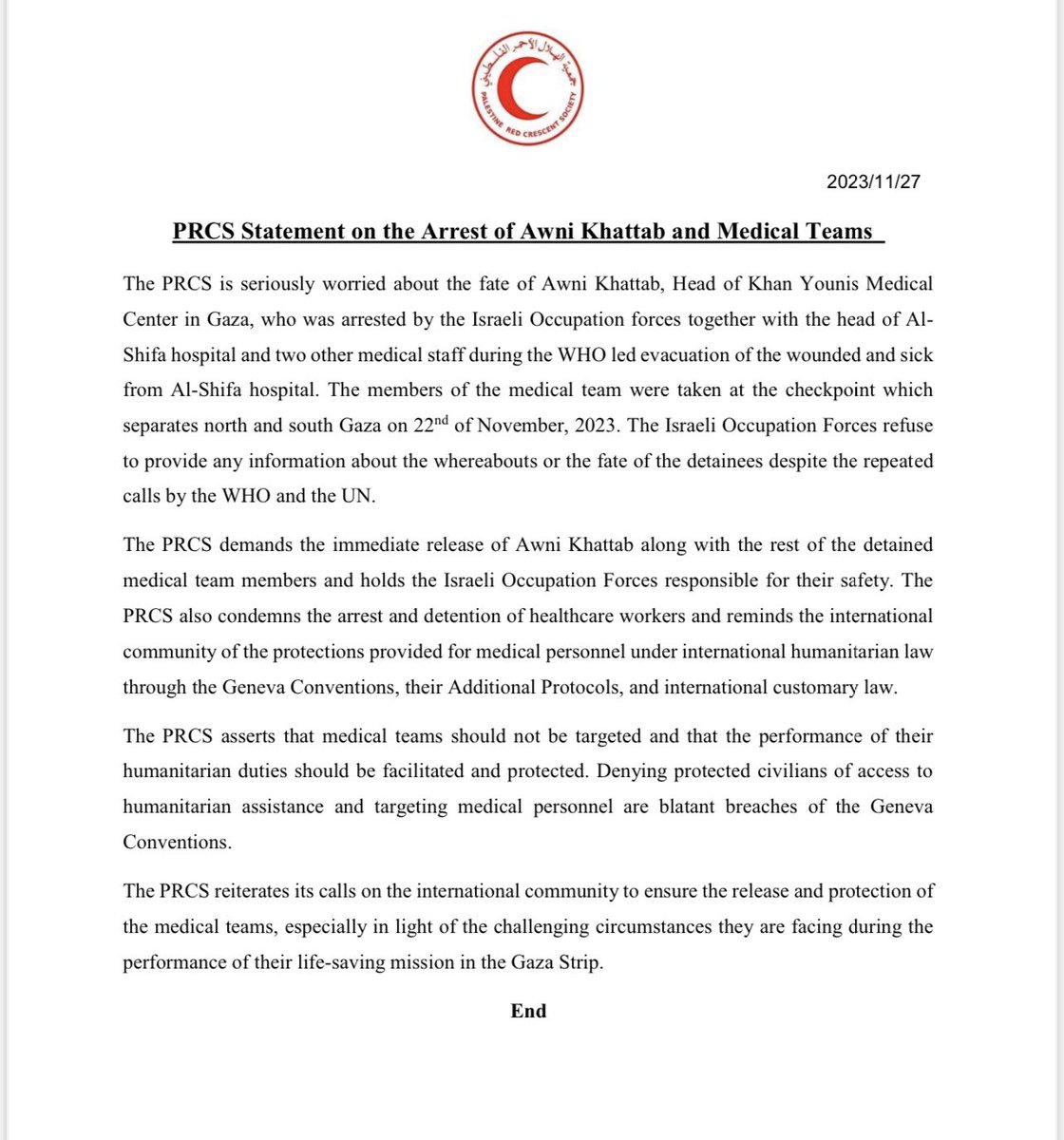 PRCS Statement on the Arrest of Awni Khattab and Medical Teams ⬇️
#Gaza
#NotATarget
#IHL