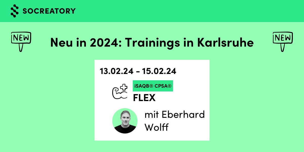 📍 Im kommenden Jahr haben wir einen neuen Ort für Präsenztrainings für euch: Karlsruhe. 👀 Habt ihr Lust, bei einem Training in Karlsruhe dabei zu sein? 🗓️ 13. - 15.02.24: 💪 FLEX mit @ewolff 👉 socreatory.com/de/trainings/f… #softwarearchitektur #isaqb #karlsruhe