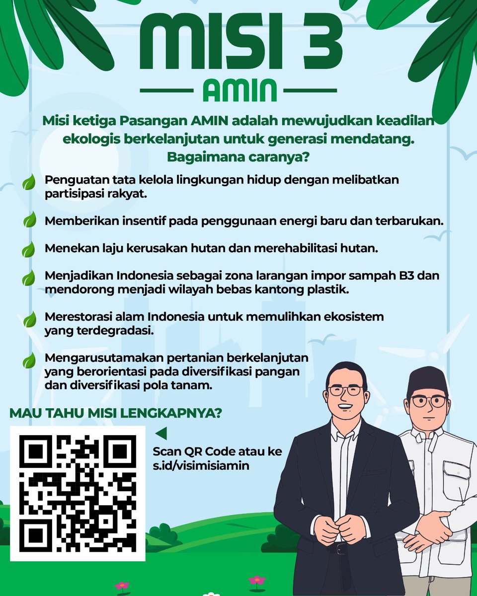 MISI AMIN <a href="/aniesbaswedan/">Anies Rasyid Baswedan</a> <a href="/cakimiNOW/">A Muhaimin Iskandar</a> yang ketiga adalah mewujudkan keadilan ekologis berkelanjutan untuk generasi mendatang, bagaimana caranya? 

#SATUEnergiBaru
#AniesMuhaimin2024