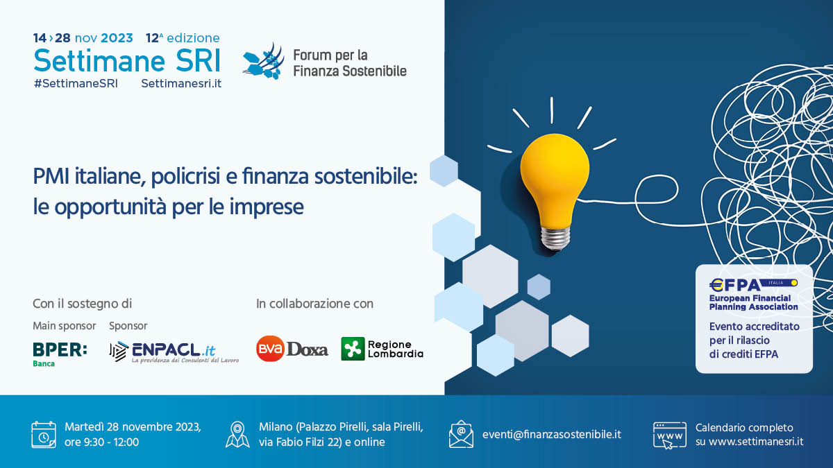 ItaSIF's tweet photo. 🔵#SettimaneSRI 2023 📣#SaveTheDate
📆 domani⏰09:30-12:00
📌Milano e online
📗 Presentazione della ricerca "PMI italiane, policrisi e finanza sostenibile: le opportunità per le imprese".
ℹ️ Programma e iscrizioni👉 https://t.co/ndLkJE5V9H https://t.co/ZJhvLZyFez