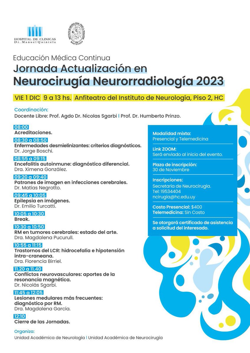 Última actividad del año una oportunidad de escuchar a excelentes colegas y sus aportes para aprender sobre entidades muy frecuentes. Los esperamos a todos. <a href="/SRIUruguay/">SRIU</a> <a href="/CUdelar/">Unidad Académica de Neurocirugia UdelaR</a>
