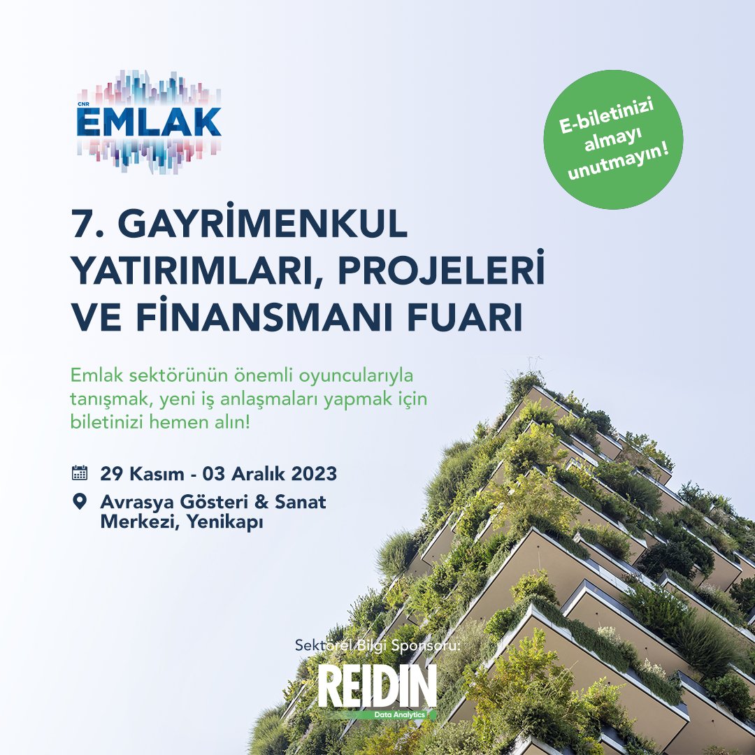 Kurumsal ve bireysel yatırımcılar için olduğu kadar sektör temsilcileri için de büyük fırsatlar sunan fuara katılım sağlayabilir ve REIDIN standına uğrayabilirsiniz.

Link 👉 cnr-emlak.com