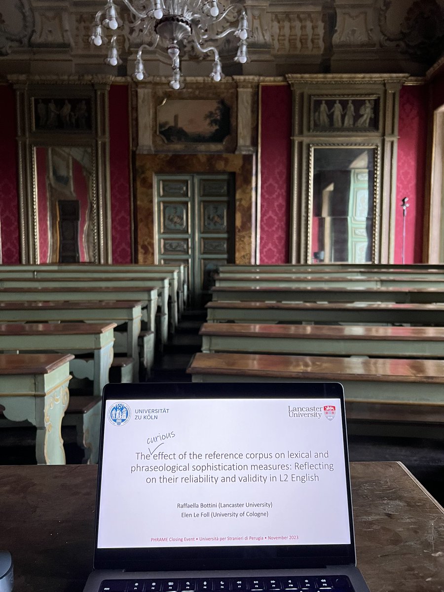RaffaBottini's tweet photo. The curious effect of the reference corpus on lexical sophistication measures ๐
@ElenLeFoll and I are presenting our project at the #PHRAME conference in Perugia, Italy.
Coffee break rehearsing the talk in front of an imaginary audience in a lecture theatre with amazing views. https://t.co/oT2MxWbNXK