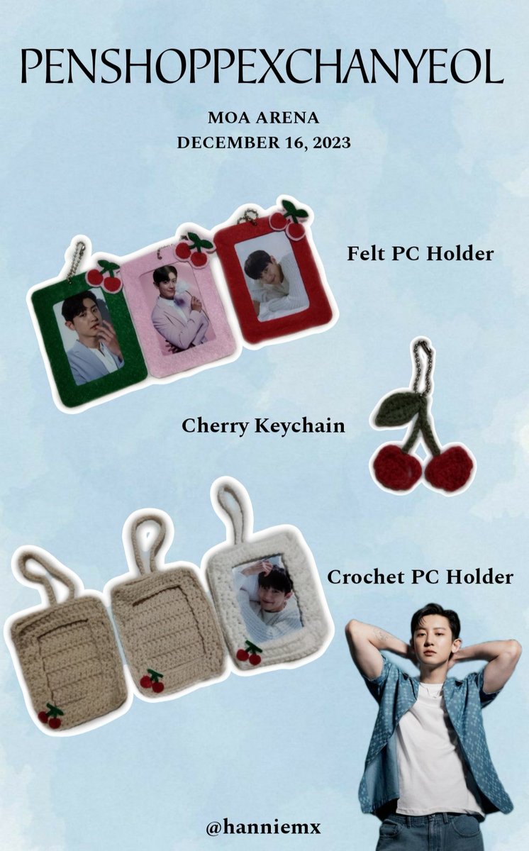 hanniemx's tweet photo. Chanyeol Penshoppe Fanmeet
Moa Arena | December 16, 2023

🍒 Like and RT to spread
🍒Show proof on d-day
🍒 Location: TBA
🍒Crochet PC Holder (not open for donations and trades)
Limited quantity 
🍒 Felt PC Holder (Open for donations) 
🍒 Cherry Keychain
 #PENSHOPPExCHANYEOL https://t.co/q3uNjecsKx