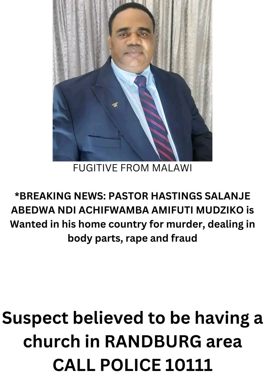 zibuseman's tweet photo. WANTED DEAD OR ALIVE, APPARENTLY HE IS WANTED IN MALAWI AND HAS BEEN SEEN IN SOUTH AFRICA AROUND RANDBURG. https://t.co/H79WB4VUx9