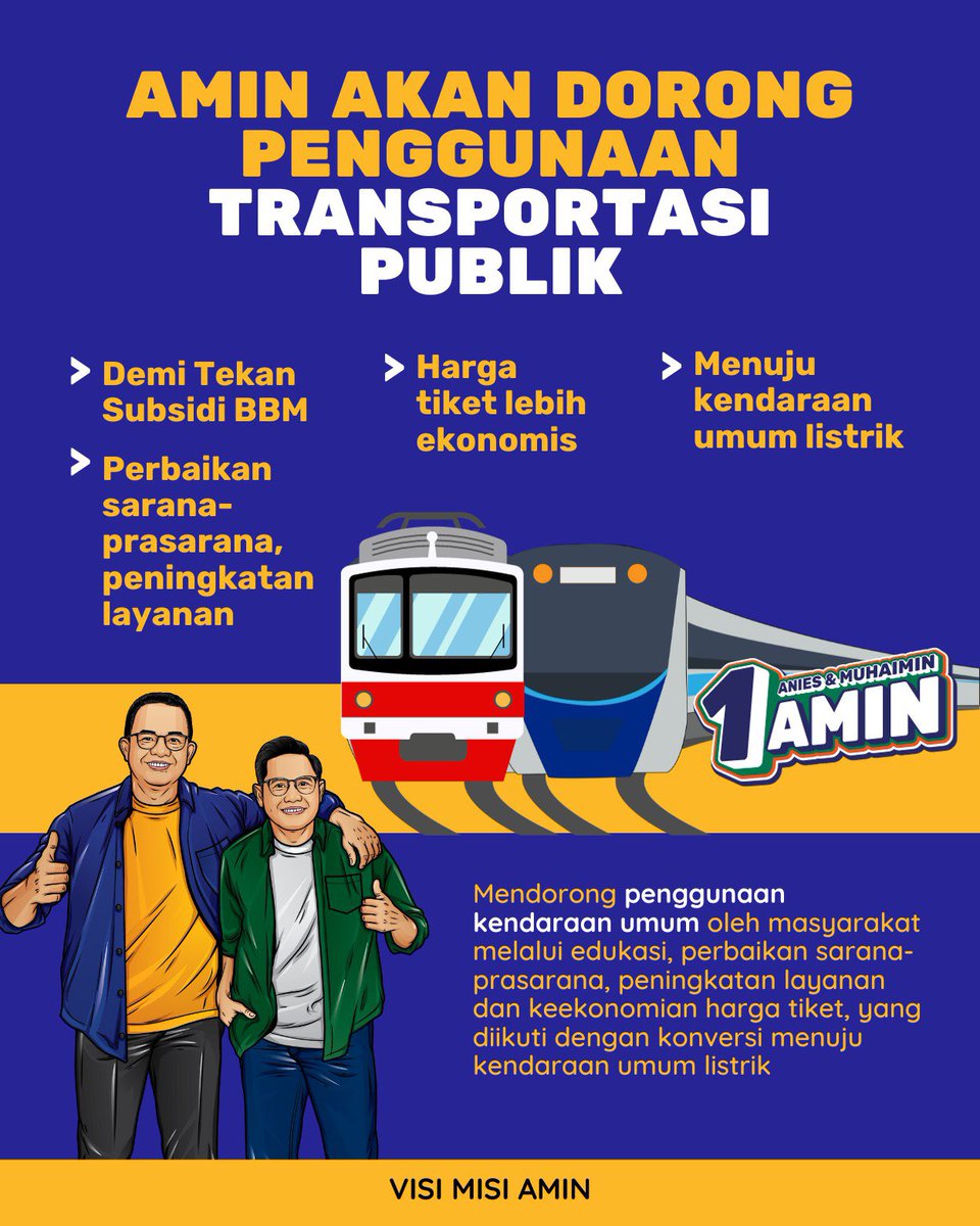 Dibandingkan meningkatkan subsidi BBM, AMIN <a href="/aniesbaswedan/">Anies Rasyid Baswedan</a> <a href="/cakimiNOW/">A Muhaimin Iskandar</a> lebih memilih mendorong penggunaan ttansportasi publik, juga dengan konversi menuju kendaraan umum listrik! 

Tentunya harga tiket kendaraan umum dipermurah juga diperbaiki sarana-prasarannya🇮🇩💚