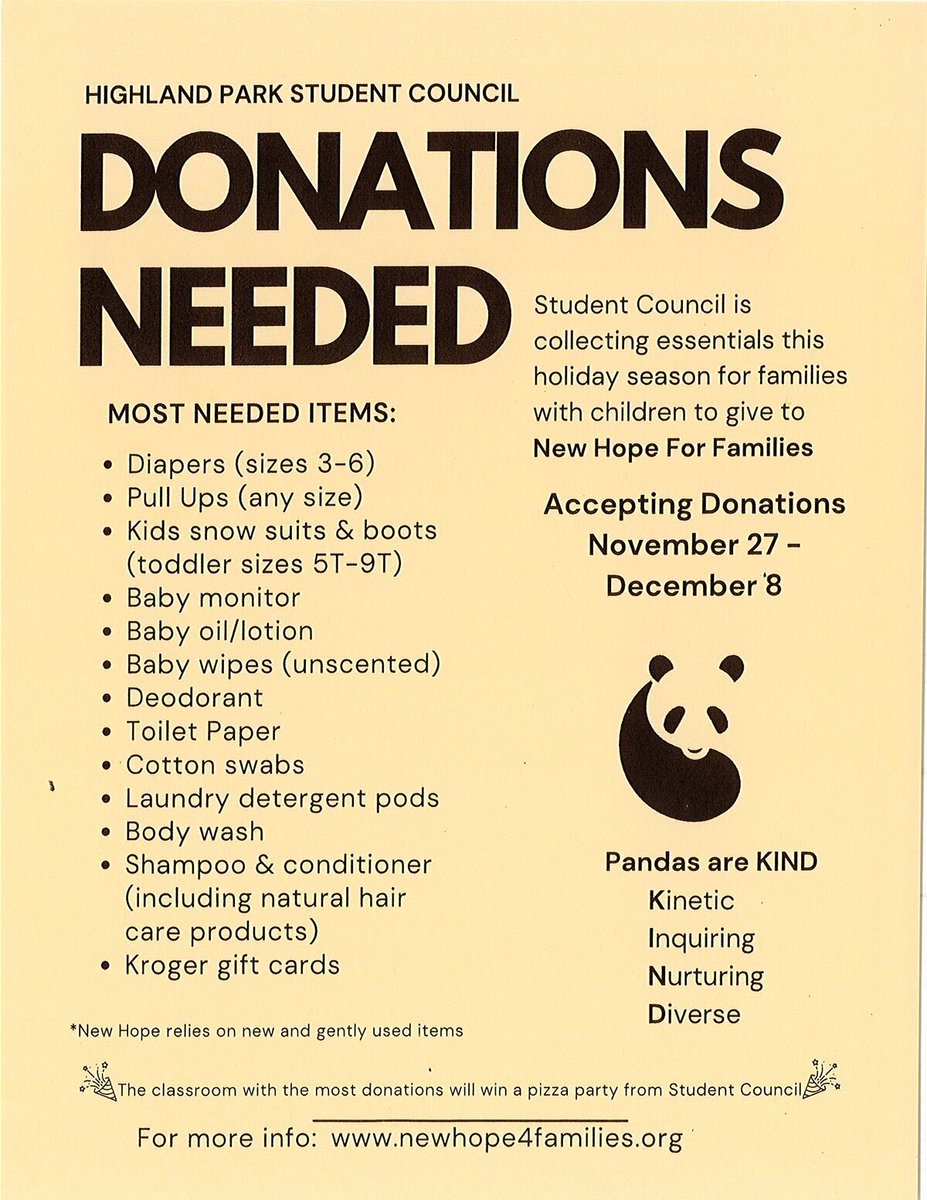 ⁦⁦⁦@HP_Pandas⁩ don't forget Student Council is collecting donations for ⁦@NewHope_Shelter⁩ between Nov 27-Dec 3 ⁦@PTOHighlandPark⁩