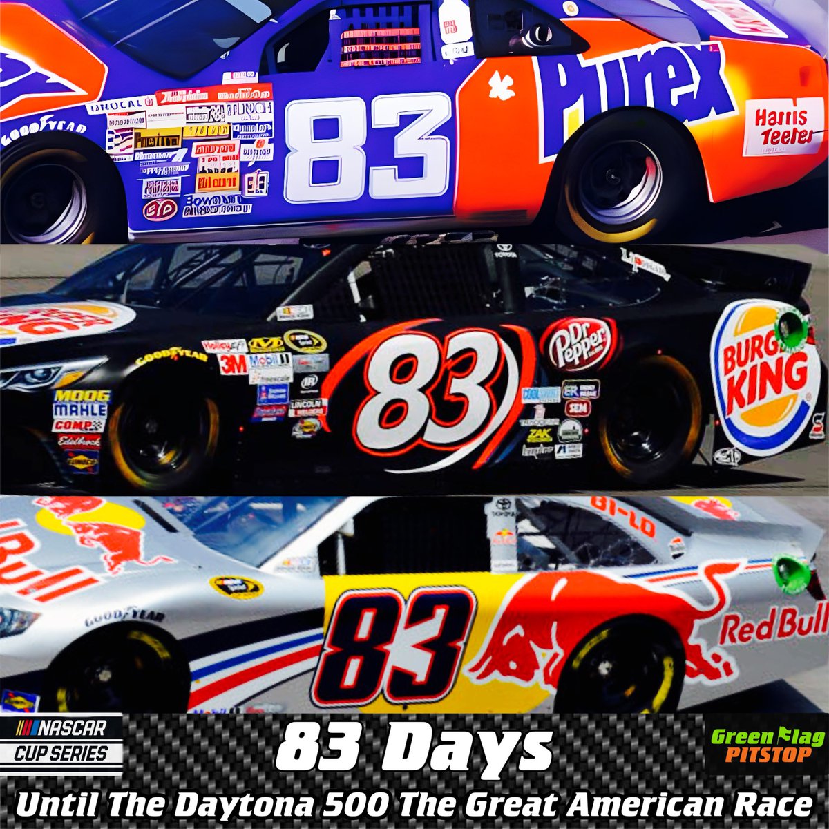 pucciotj's tweet photo. 83 Days Until The Daytona 500
#lakespeed #purex #mattdibenedetto #burgerking #brianvickers #redbull #daytona500 https://t.co/xEhPoHY3zY