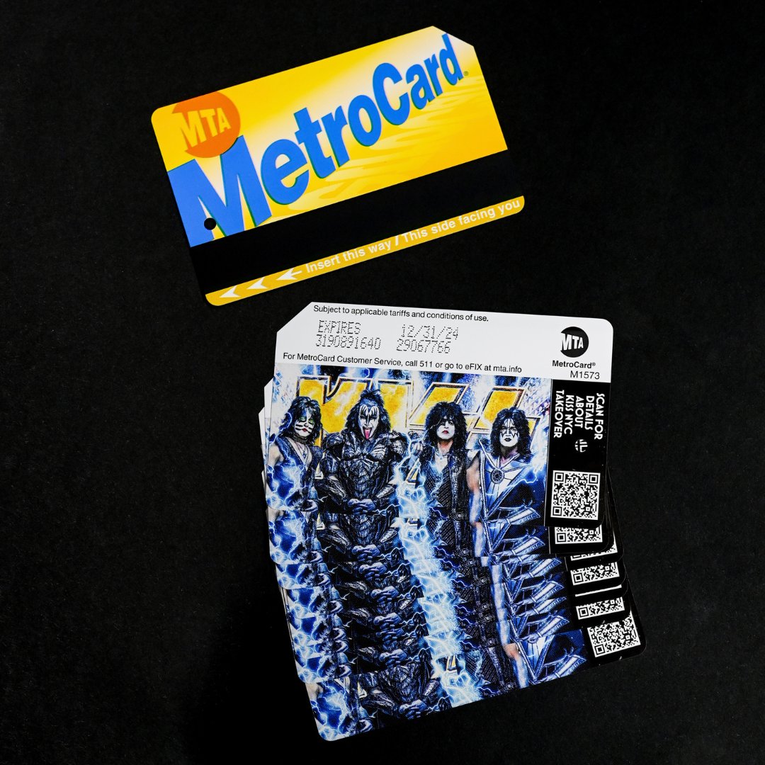 MTA's tweet photo. Rock and Roll All Nite (and ride the subway all day) 🤘🎸

In honor of the last @KISS shows ever on Dec. 1 &amp; 2 at @MSG, MetroCard machines at 34 St-Penn Station (A/C/E/1/2/3) and 34 St-Herald Sq (B/D/F/M/N/Q/R/W) are stocked with limited edition KISS MetroCards. #KISSNYCTAKEOVER https://t.co/eBfwMsI9iJ