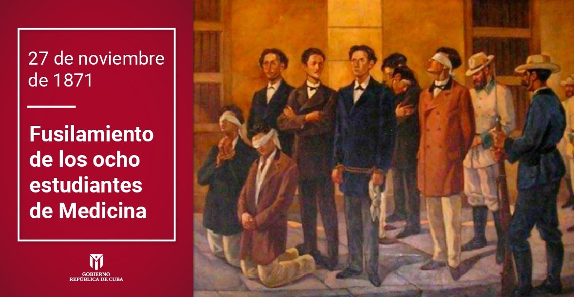 Sentido homenaje rendimos hoy a los ocho estudiantes de Medicina, que hace 152 años fueron fusilados injustamente por fuerzas del colonialismo español. ¡Eran 8 jóvenes inocentes!
#CubaViveEnSuHistoria