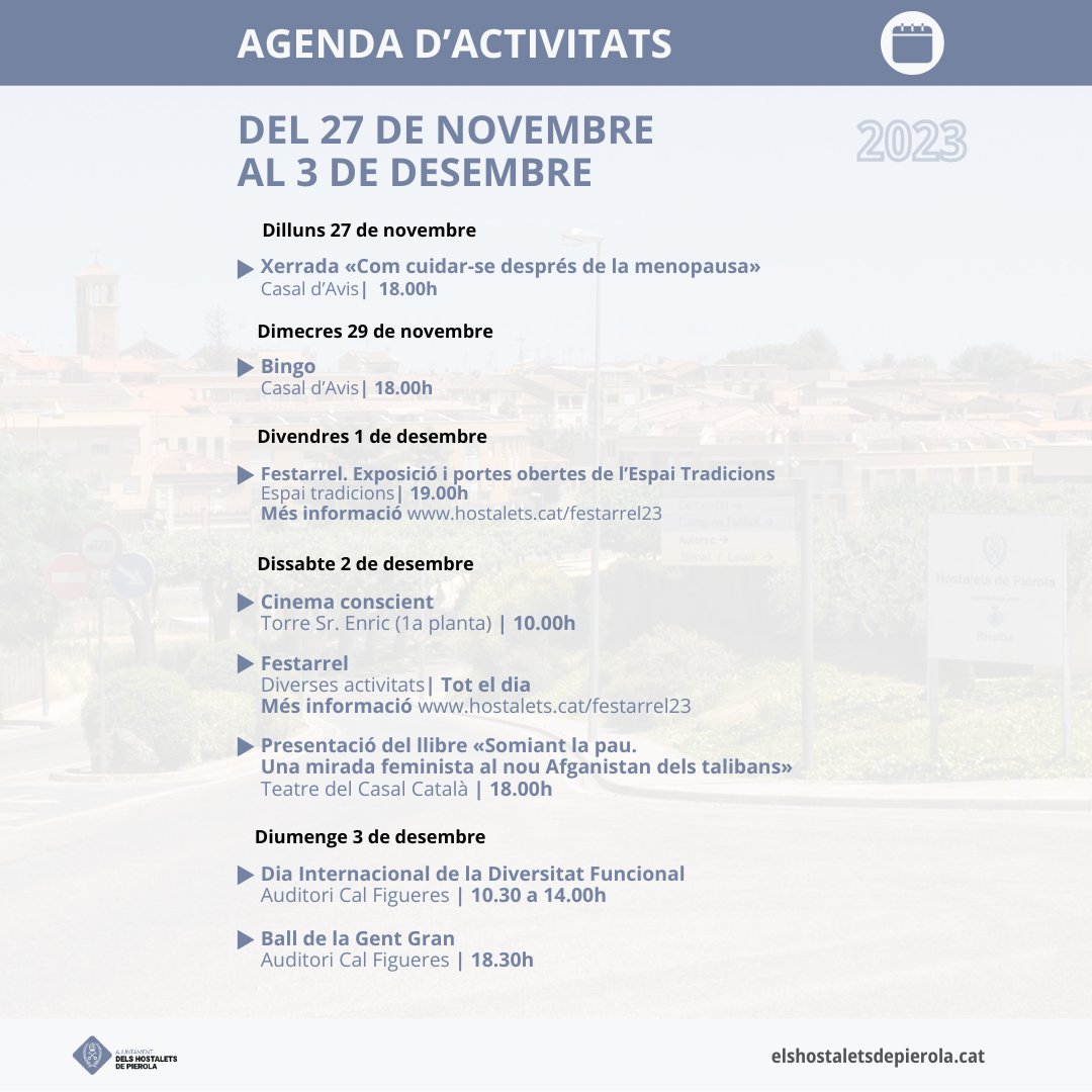 HoPierola's tweet photo. 🟦 AGENDA | Activitats més destacades als Hostalets de Pierola, del 🗓 27 de novembre al 3 de desembre

ℹ Més informació a ➡https://t.co/1NqscAeFv3

#hopierola #hostaletsdepierola https://t.co/ETjZSjxRUH
