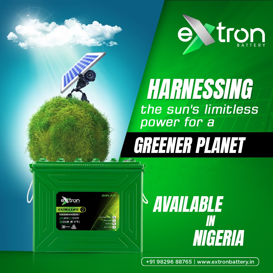 Unleash the power of the sun with Extron Nigeria for a greener planet!

#extronnigeriabattery #extronbattery #nigeriabattery #Battery #batterynigeria #nigeria #nigeriaexport #exportimport #solar #solarbatteries #solarbattery #batterybusiness #batterymanufacturer #exporter