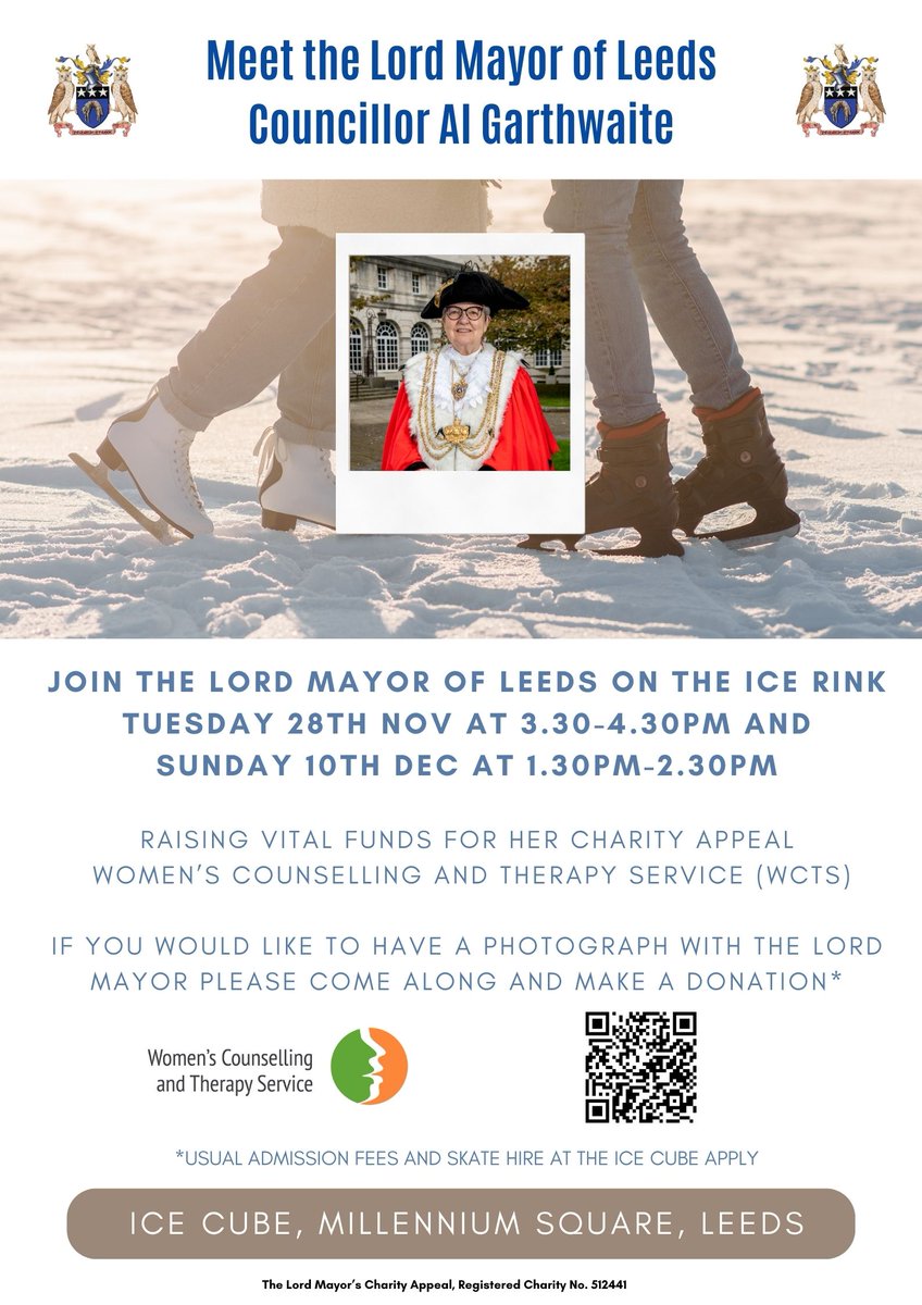 If you're planning on skating tomorrow (Tuesday) at the 3.30pm session at the Ice Cube @millsqleeds please say hello, I'll be on the ice in my Mayoral robes. Donations welcome for my charity appeal @LeedsWCTS