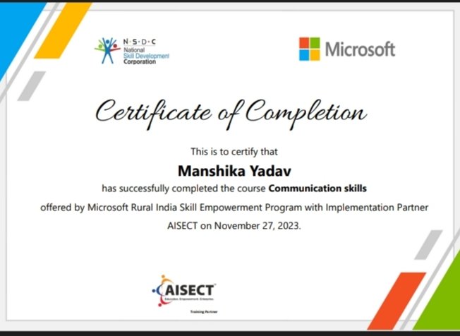 ManshikaYadav's tweet photo. I successfully completed the **Communication Skills**
course under the "Microsoft RISE-Program" Provided by @AIGGPA in collaboration with @AISECTIndia, @MicrosoftTeams & @NSDCINDIA
signifies a comprehensive learning experience.
#Skillsdevelopment #AISECT #cmyip
#aiggpa https://t.co/mDP9GHLJ2O