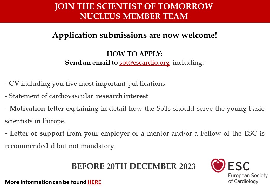 Great opportunity! Don't miss out on the chance of becoming a SOT nucleus member of the @escardio . Further information: escardio.org/The-ESC/ESC-Yo… @ESCardioNews @ESC_Journals