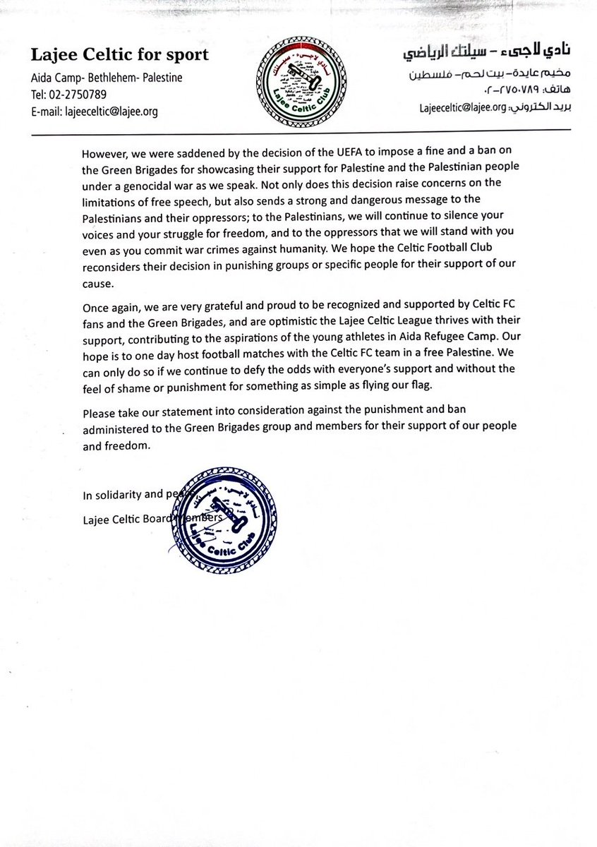 A humbling letter from our friends at @aida_celtic to Celtic Football Club.

Thank you for your support.